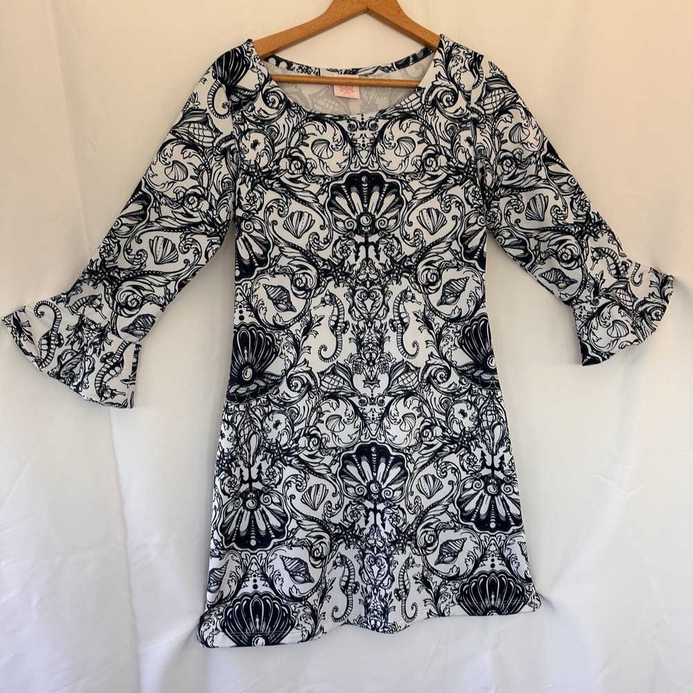 Michell Parisou Nautical Dress Sz XS 3/4 Bell Sleeve Stretch Resort Quiet Luxury